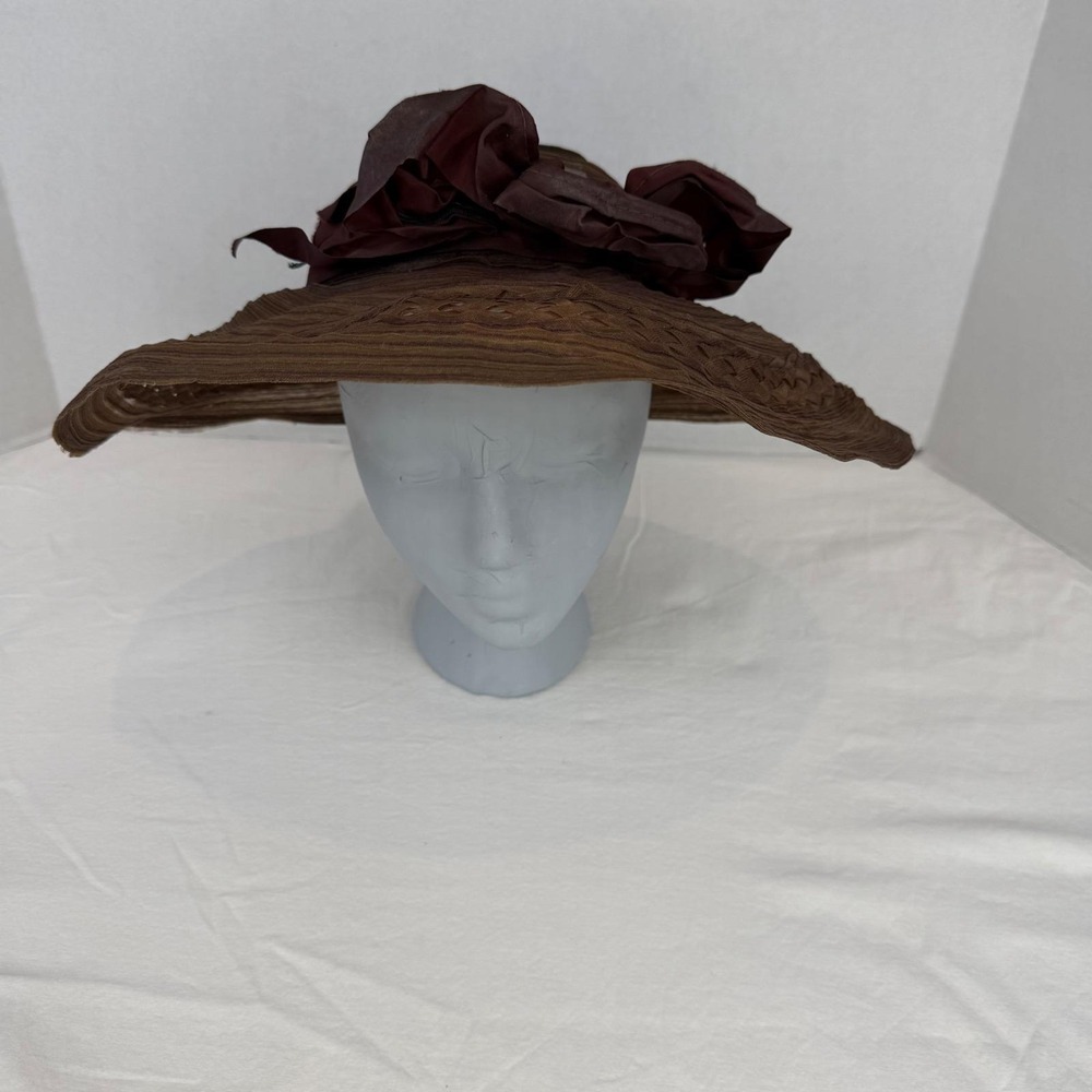 Vintage‎ Brown Horsehair Braid Wide Brim Sun Hat Open Crown Taffeta Bow Floral